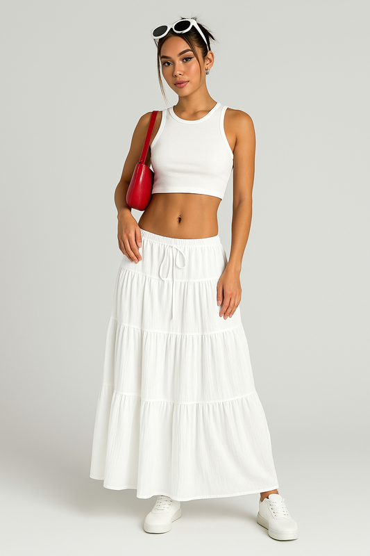 Women’s Long Skirt – Cotton Blend – A-Line Fit – Tiered – Drawstring Waist – Casual
