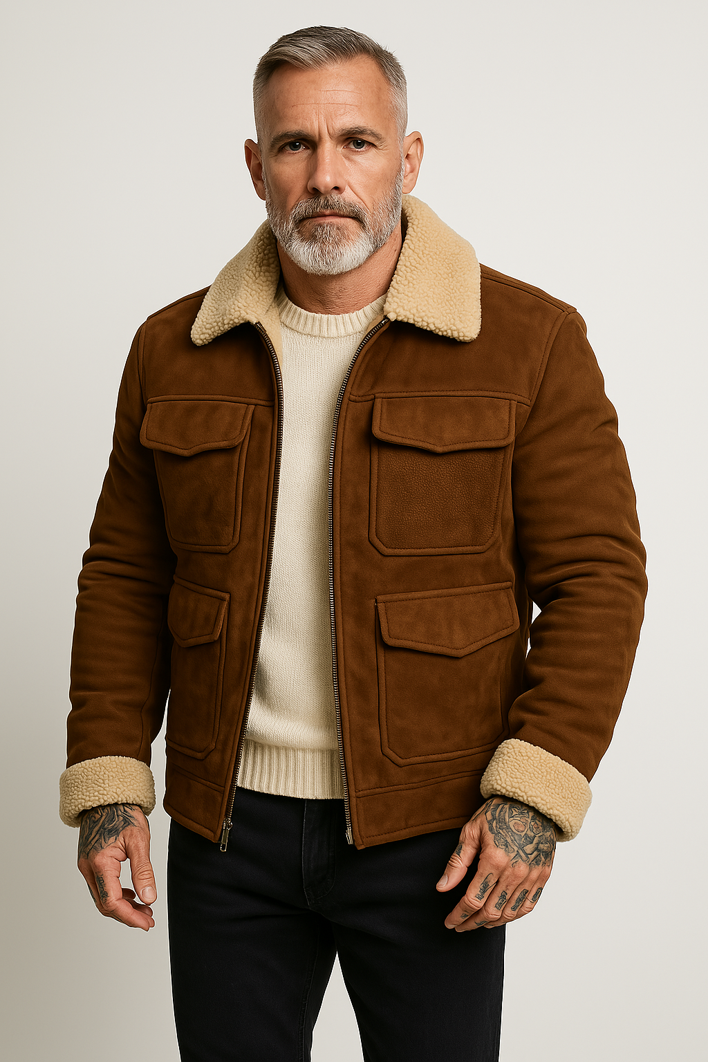 Men’s Shearling Jacket – Suede-Like Finish – Structured Fit – Zip Front – Flap Pockets