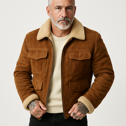 Men’s Shearling Jacket – Suede-Like Finish – Structured Fit – Zip Front – Flap Pockets