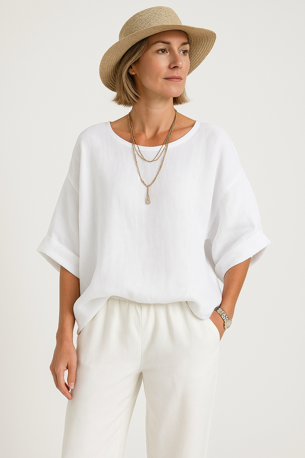 Women’s Oversized Blouse – Cotton Linen Blend – Drop Shoulder – Round Neck – Relaxed Fit