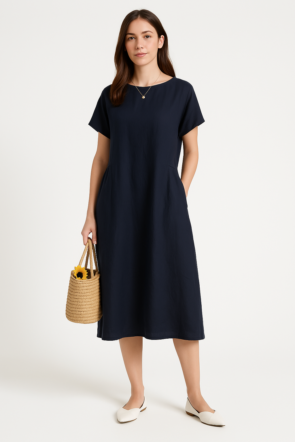 Women’s Midi Dress – Loose Fit – Lightweight Breathable Fabric – Short Sleeve Casual