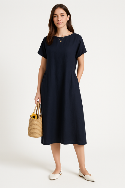 Women’s Midi Dress – Loose Fit – Lightweight Breathable Fabric – Short Sleeve Casual
