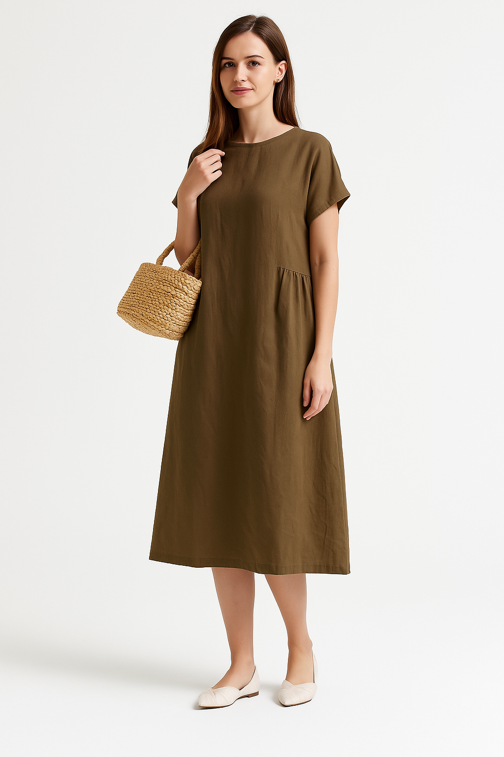 Women’s Midi Dress – Loose Fit – Lightweight Breathable Fabric – Short Sleeve Casual
