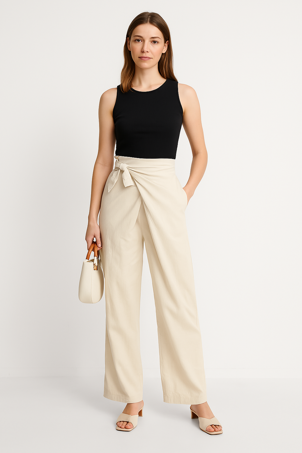 Women’s Wide-Leg Pants – High Waist – Tie Waistband – Lightweight Cotton – Full Length