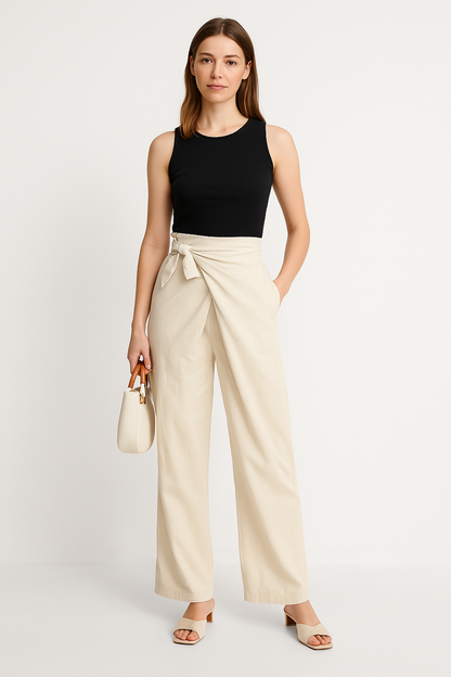 Women’s Wide-Leg Pants – High Waist – Tie Waistband – Lightweight Cotton – Full Length