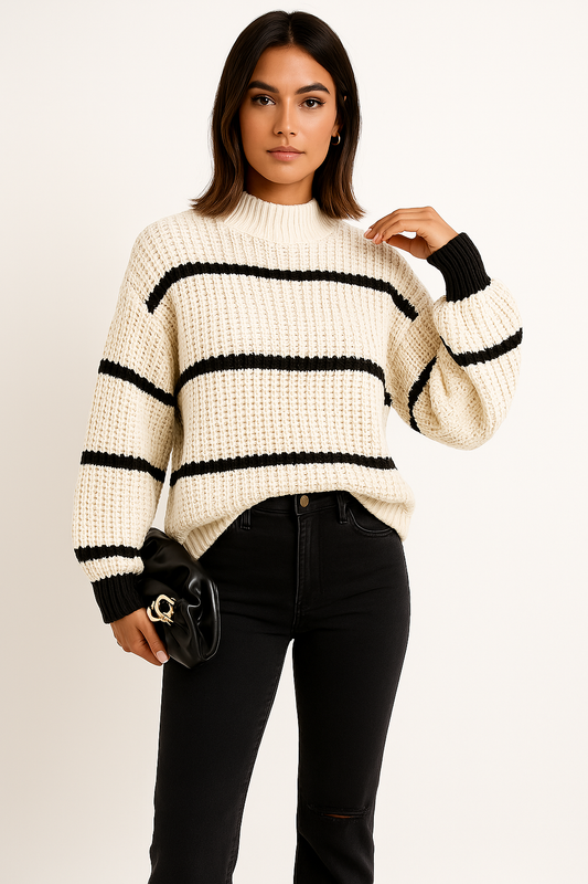Women’s Knit Sweater – Relaxed Fit – Ribbed Wool Blend – Striped – Crew Neck Long Sleeve