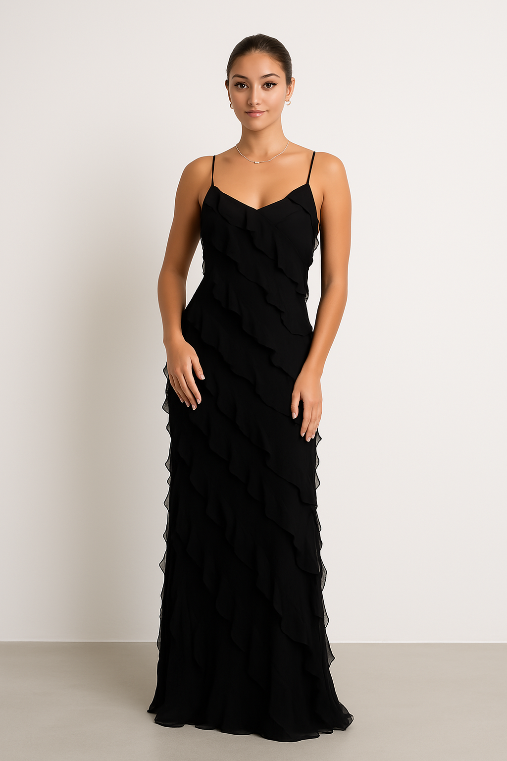 Women’s Maxi Dress – Slim Fit – Chiffon Feel – Spaghetti Straps – Ruffle Detail