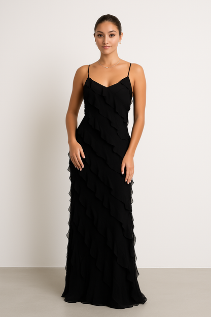 Women’s Maxi Dress – Slim Fit – Chiffon Feel – Spaghetti Straps – Ruffle Detail
