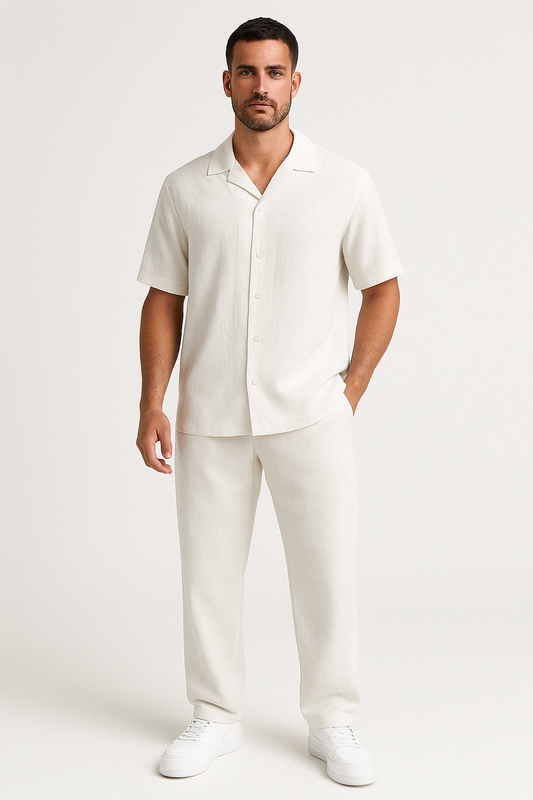 Men’s Casual Suit Set – Cotton Linen Blend – Relaxed Fit – Short Sleeve Shirt & Pants