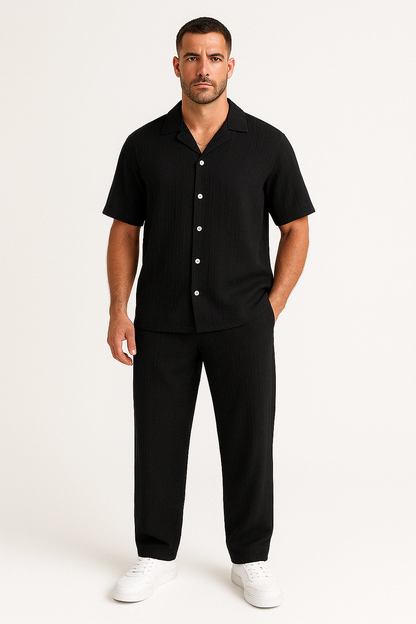 Men’s Casual Suit Set – Cotton Linen Blend – Relaxed Fit – Short Sleeve Shirt & Pants