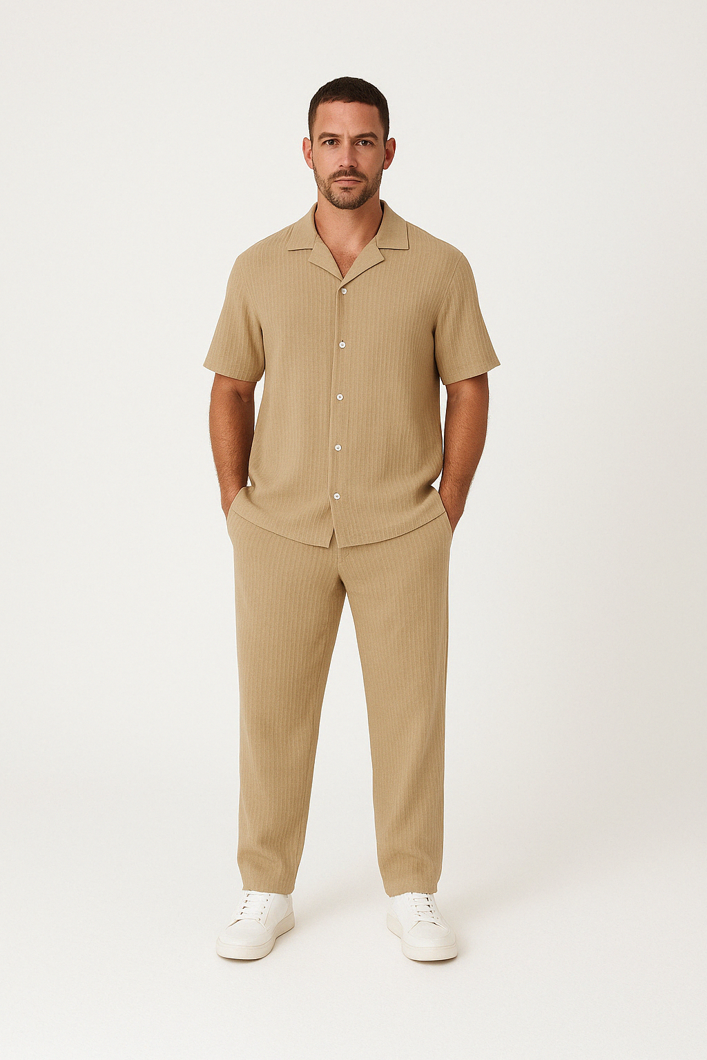 Men’s Casual Suit Set – Cotton Linen Blend – Relaxed Fit – Short Sleeve Shirt & Pants