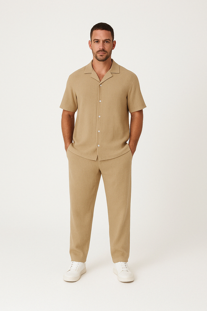 Men’s Casual Suit Set – Cotton Linen Blend – Relaxed Fit – Short Sleeve Shirt & Pants
