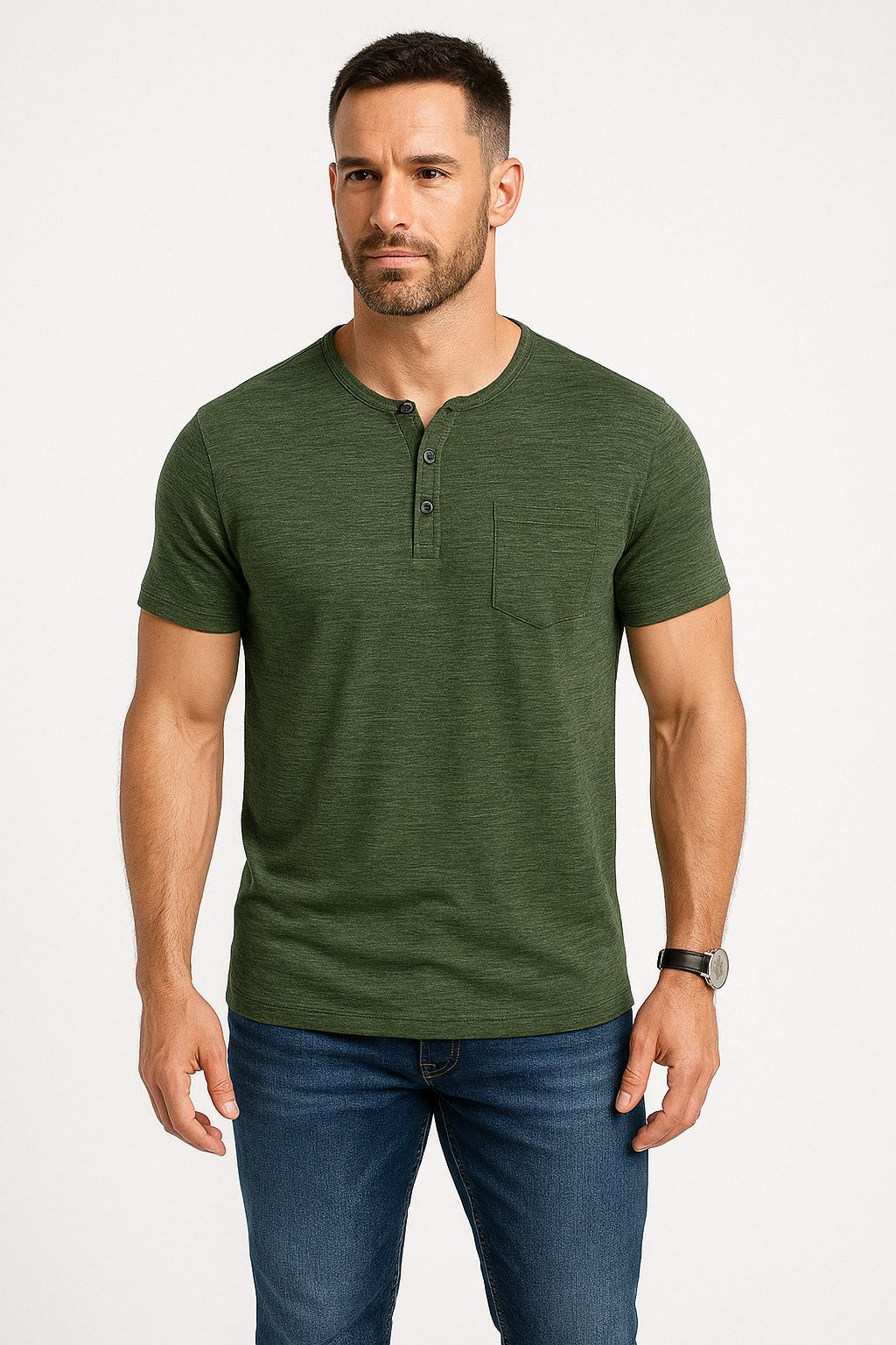 Men’s Slim Fit T-Shirt – Soft Cotton Blend – Henley Neck – Chest Pocket – Short Sleeve