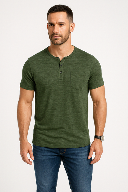 Men’s Slim Fit T-Shirt – Soft Cotton Blend – Henley Neck – Chest Pocket – Short Sleeve