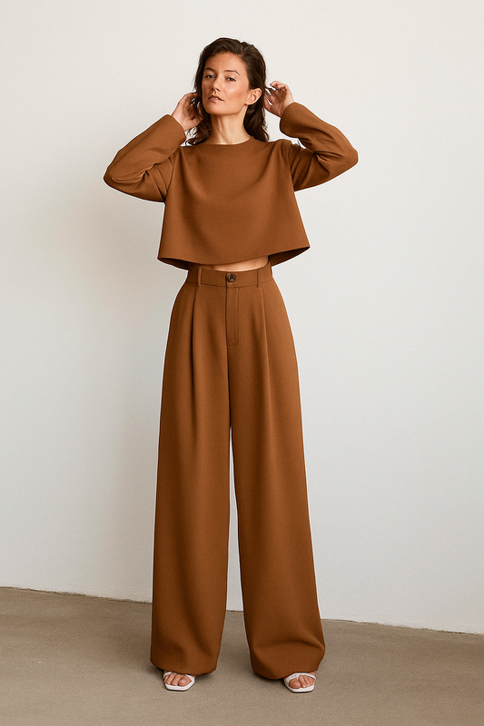 Women’s Palazzo Set – Wide-Leg Pleated Pants – Cropped Long Sleeve Top