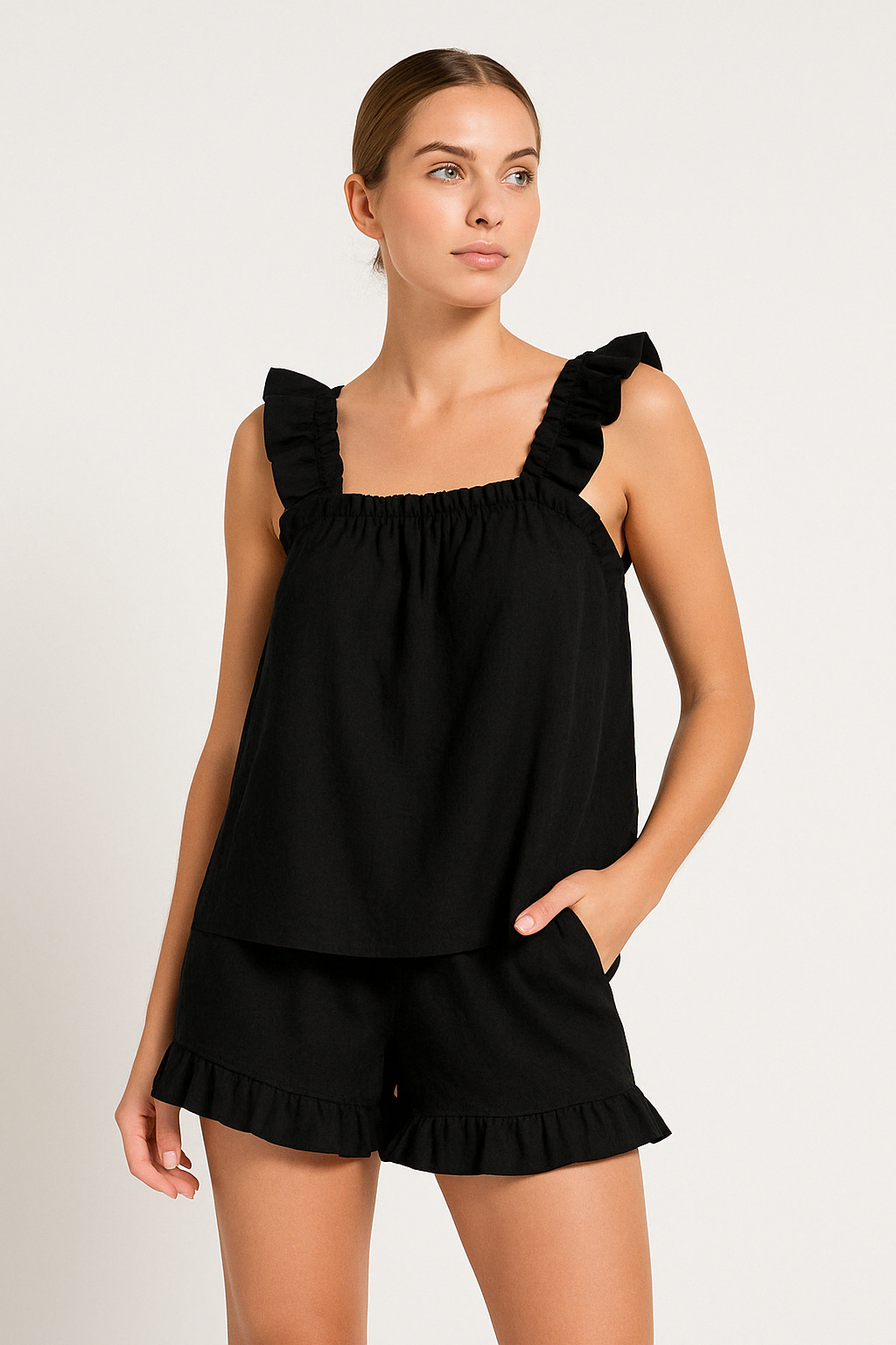 Women’s Ruffled Top – Cotton Linen Blend – Sleeveless Relaxed Fit – Casual Wear