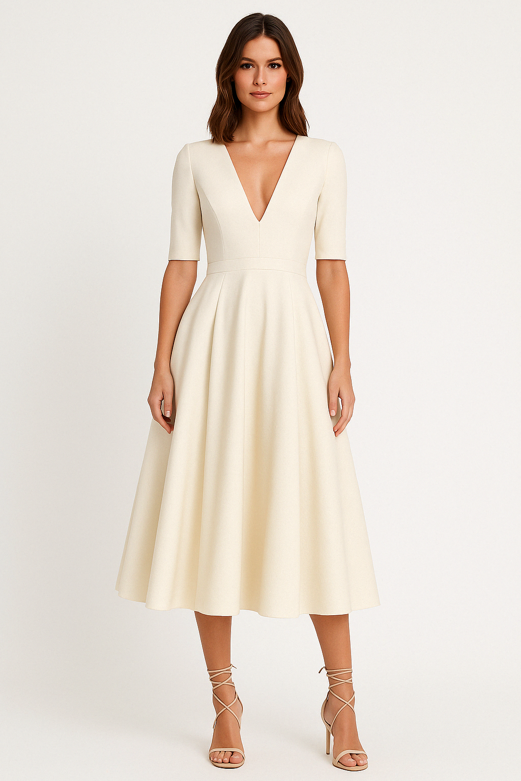 Women’s Midi Dress – Satin-Like Fabric – Fitted Bodice – V-Neck – A-Line Silhouette