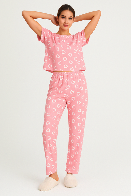 Women’s Loungewear Set – Soft Cotton – Relaxed Fit – Short Sleeve Top & Elastic Pants