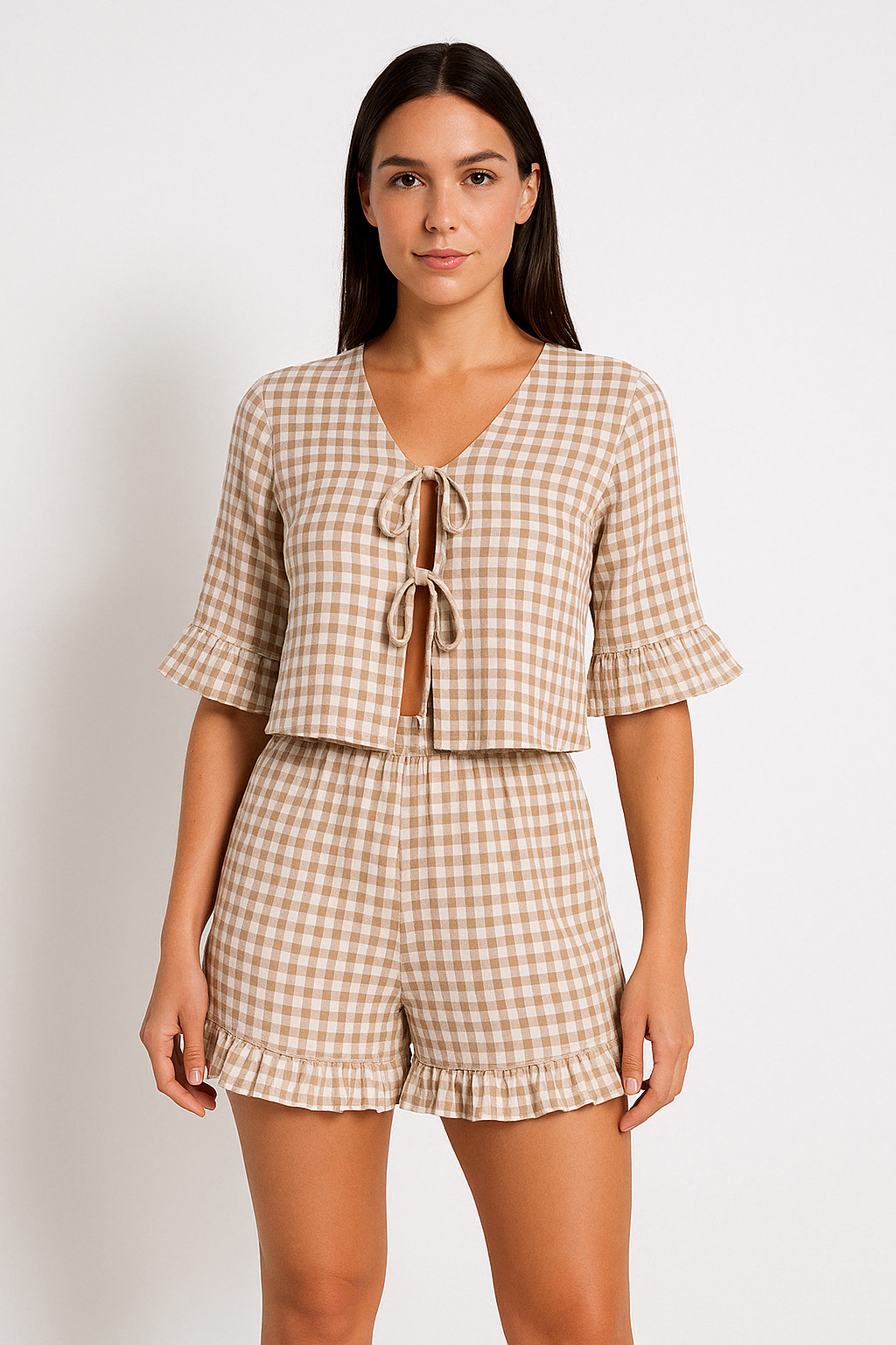 Women’s Pajama Set – Cotton Blend – Loose Fit – V-Neck – Ruffle Trim – Checkered