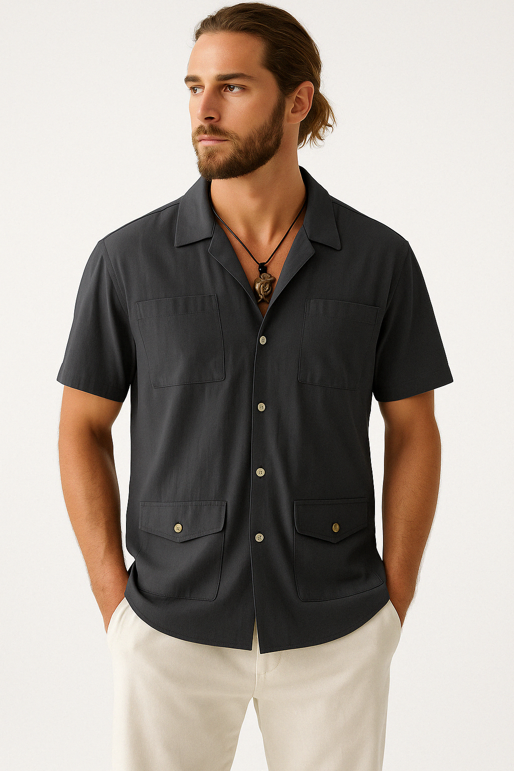 Men’s Short Sleeve Shirt – Cotton Linen Blend – Relaxed Fit – Notched Collar – 4 Pockets