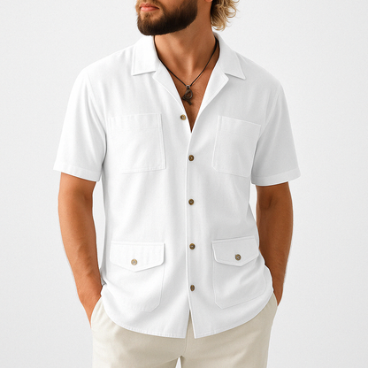 Men’s Short Sleeve Shirt – Cotton Linen Blend – Relaxed Fit – Notched Collar – 4 Pockets