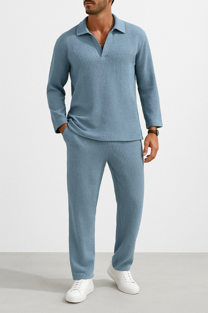 Men’s Lounge Set – Relaxed Fit – Textured Soft Fabric – Long Sleeve Shirt & Pants