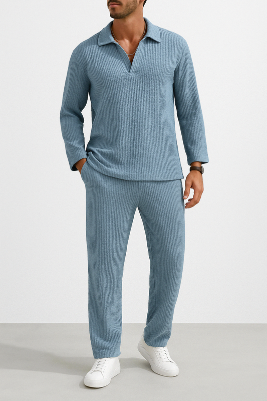 Men’s Lounge Set – Relaxed Fit – Textured Soft Fabric – Long Sleeve Shirt & Pants