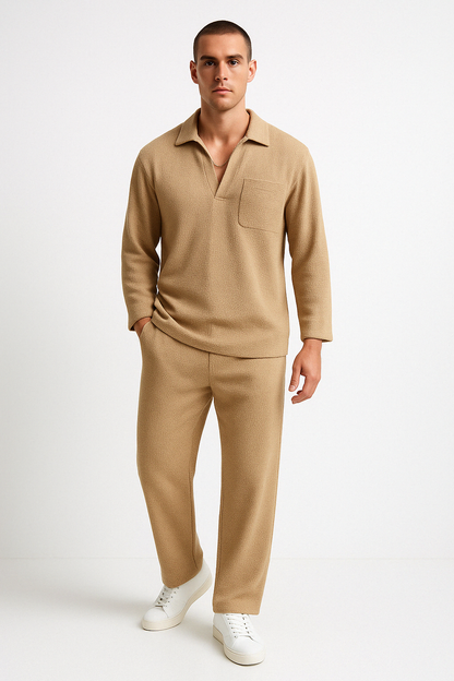 Men’s Lounge Set – Relaxed Fit – Textured Soft Fabric – Long Sleeve Shirt & Pants
