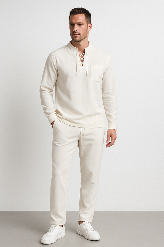 Men's Henley Shirt – Cotton Linen Blend – Relaxed Fit – Lace-Up Chest – Band Collar