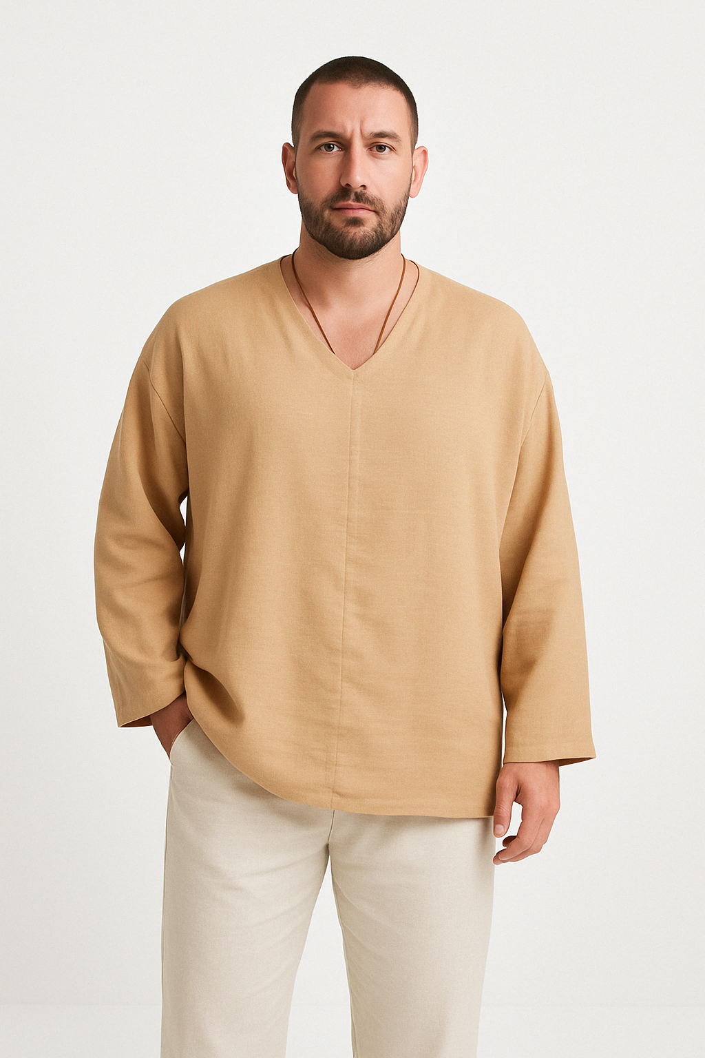 Men’s Linen Shirt – Relaxed Fit – V-Neck – Long Sleeve Lightweight Casual