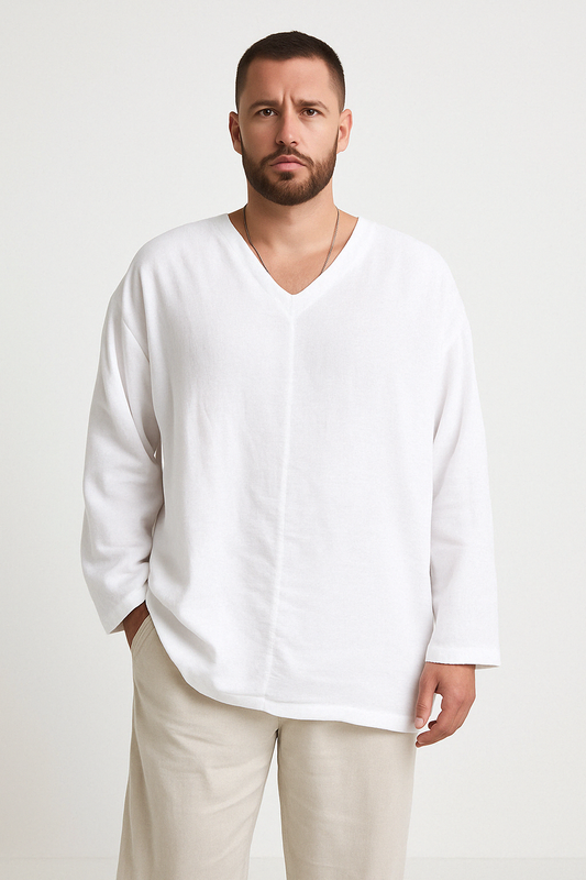 Men’s Linen Shirt – Relaxed Fit – V-Neck – Long Sleeve Lightweight Casual