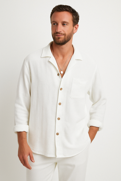 Men’s Button-Up Shirt – Cotton Linen Blend – Relaxed Fit – Long Sleeve Casual Style