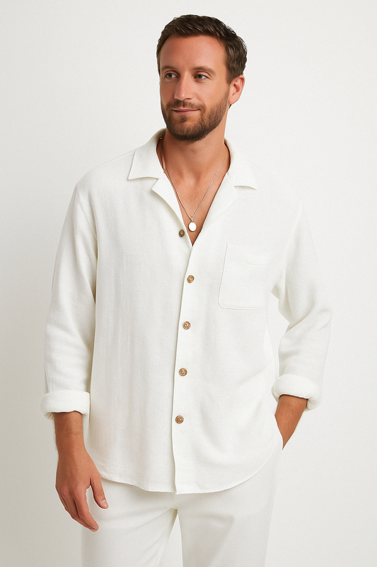 Men’s Button-Up Shirt – Cotton Linen Blend – Relaxed Fit – Long Sleeve Casual Style