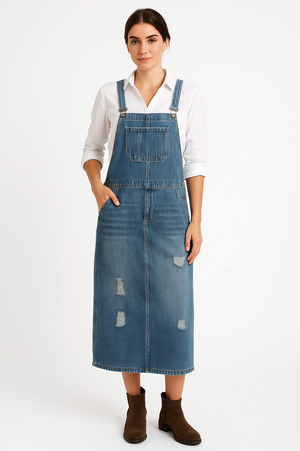 Women’s Denim Dress – Relaxed Fit – Midi Length – Distressed – Adjustable Straps