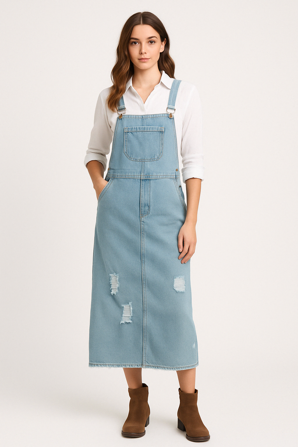 Women’s Denim Dress – Relaxed Fit – Midi Length – Distressed – Adjustable Straps