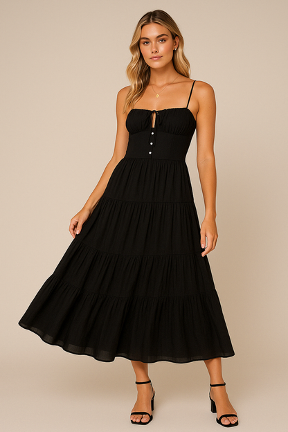 Women’s Maxi Dress – Lightweight Cotton Blend – Tiered Skirt – Spaghetti Straps – Low Back