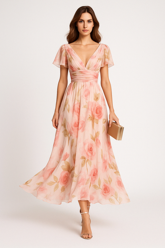 Women’s Maxi Dress – Fit and Flare – Chiffon Floral – V-Neck Flutter Sleeve Elegant Wear