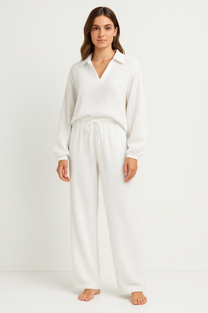Women’s Lounge Set – Relaxed Fit – Long Sleeve V-Neck Top – Drawstring Pants