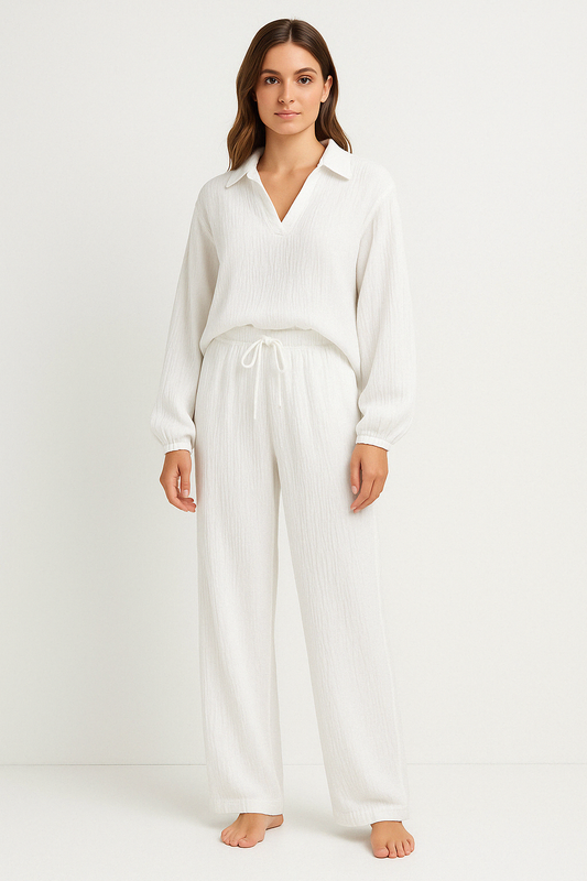 Women’s Lounge Set – Relaxed Fit – Long Sleeve V-Neck Top – Drawstring Pants