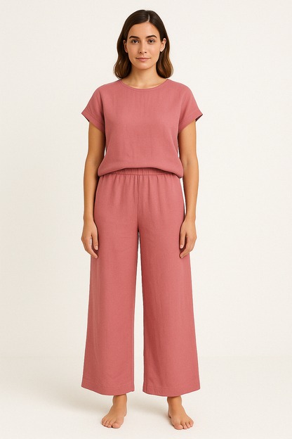 Women’s Two-Piece Set – Relaxed Fit Breathable Blend – Crew Neck Top – Wide-Leg Pants