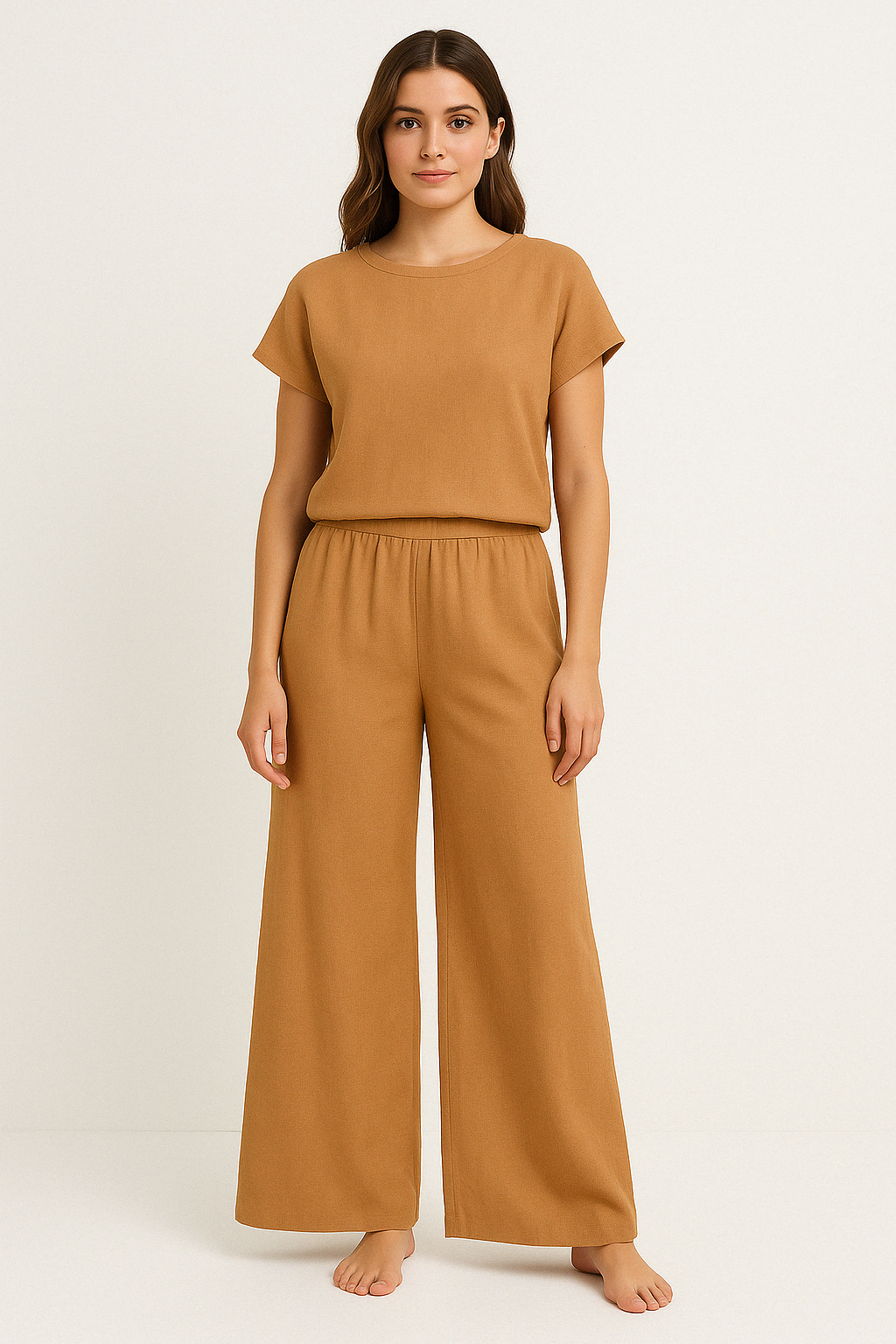 Women’s Two-Piece Set – Relaxed Fit Breathable Blend – Crew Neck Top – Wide-Leg Pants
