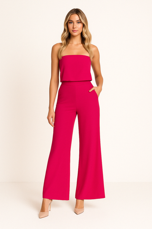 Women’s Two Piece Set – Strapless Top – High Waist Flared Pants – Relaxed Fit Breathable