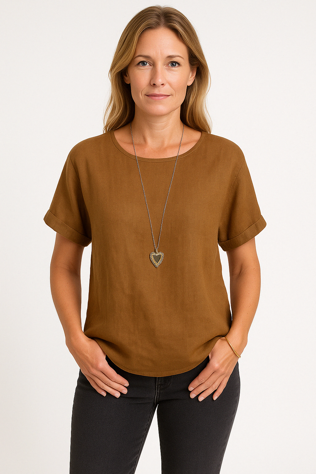 Women’s T-Shirt – Linen Blend – Loose Fit – Short Sleeve – Round Neck Casual Top