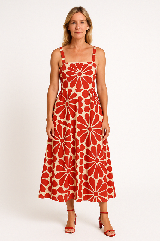 Women’s Sundress – Cotton Blend – Fitted Bodice – Spaghetti Straps – A-Line Midi