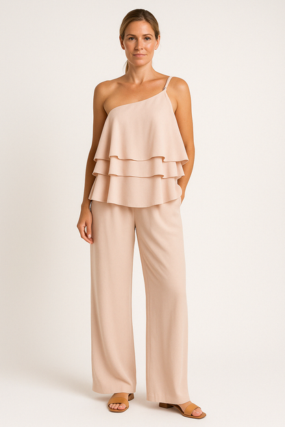 Women’s Two-Piece Set – Asymmetrical Ruffle Top – Wide-Leg Full-Length Pants