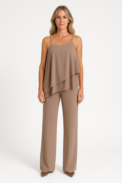 Women’s Two-Piece Set – Asymmetrical Draped Top – Sleeveless – Straight-Leg Pants – Relaxed Fit