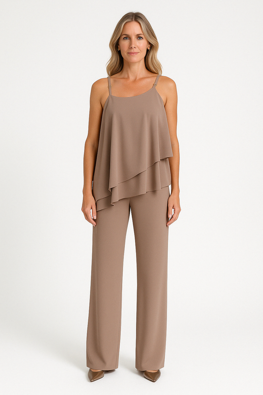 Women’s Two-Piece Set – Asymmetrical Draped Top – Sleeveless – Straight-Leg Pants – Relaxed Fit