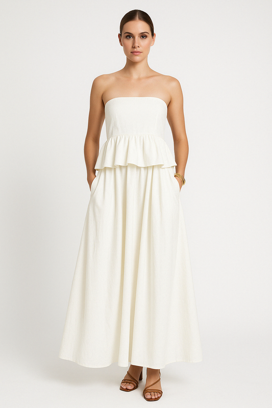 Women’s Strapless Maxi Dress – Fitted Bodice – Peplum Waist – A-Line Silhouette
