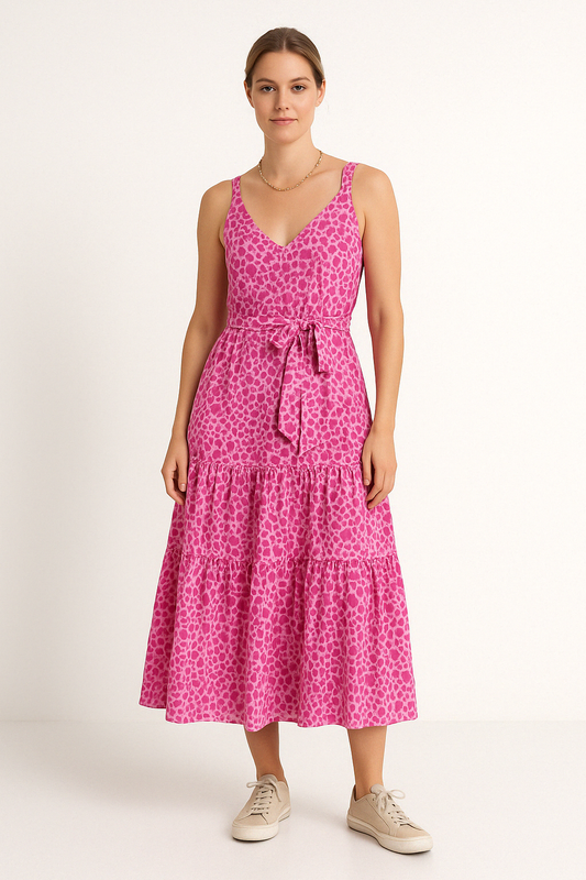 Women’s Midi Dress – Lightweight Cotton Blend – Sleeveless – Tiered Skirt – Waist Tie