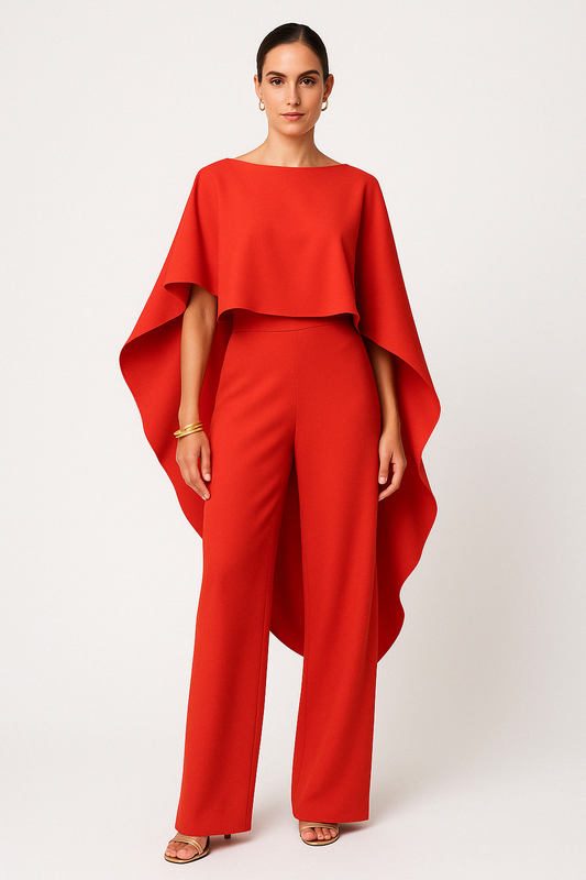 Women’s Two-Piece Set – Asymmetrical Top – Wide-Leg Pants – Elegant Draped Fit